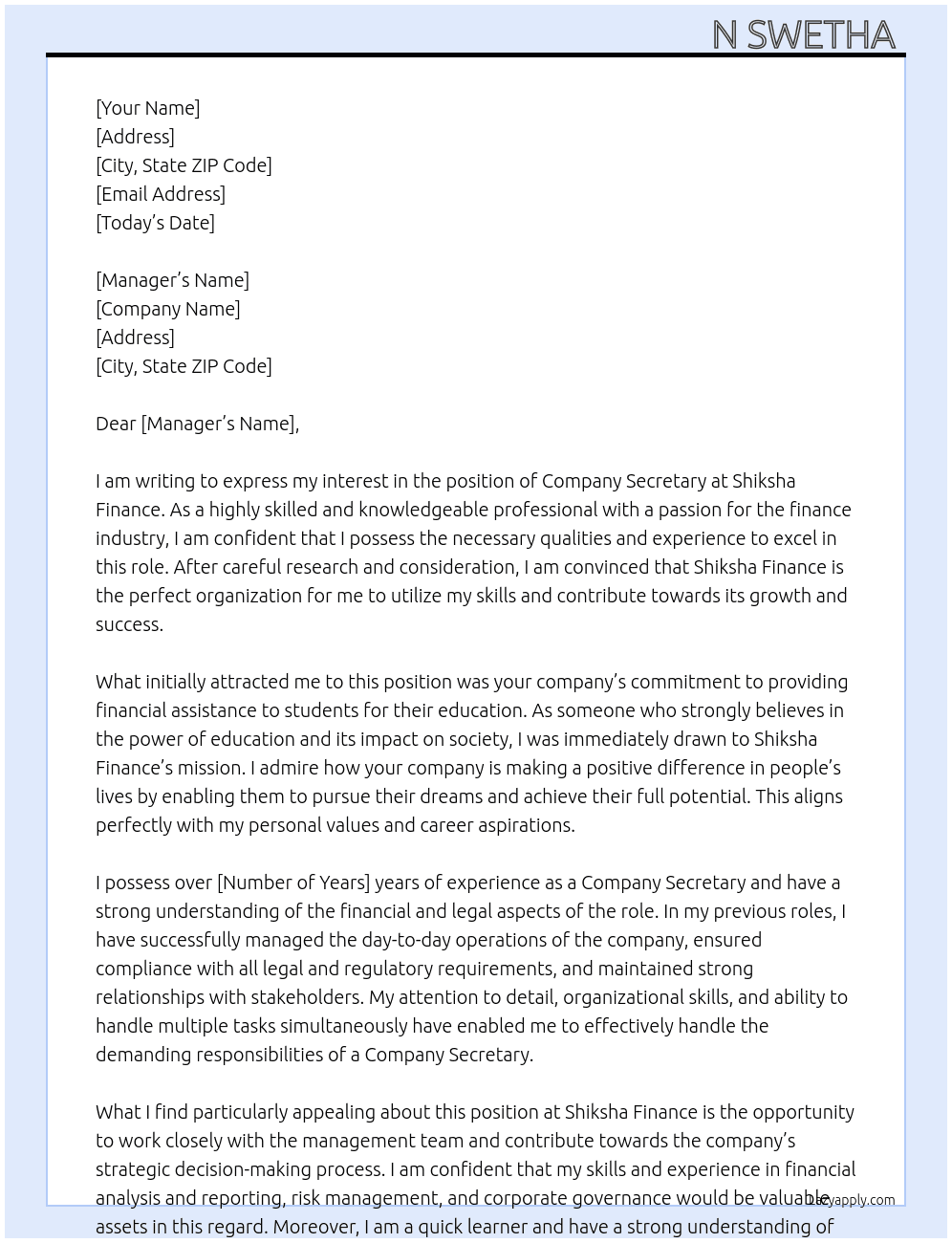 Company secretary  At Shiksha finance  Cover Letter