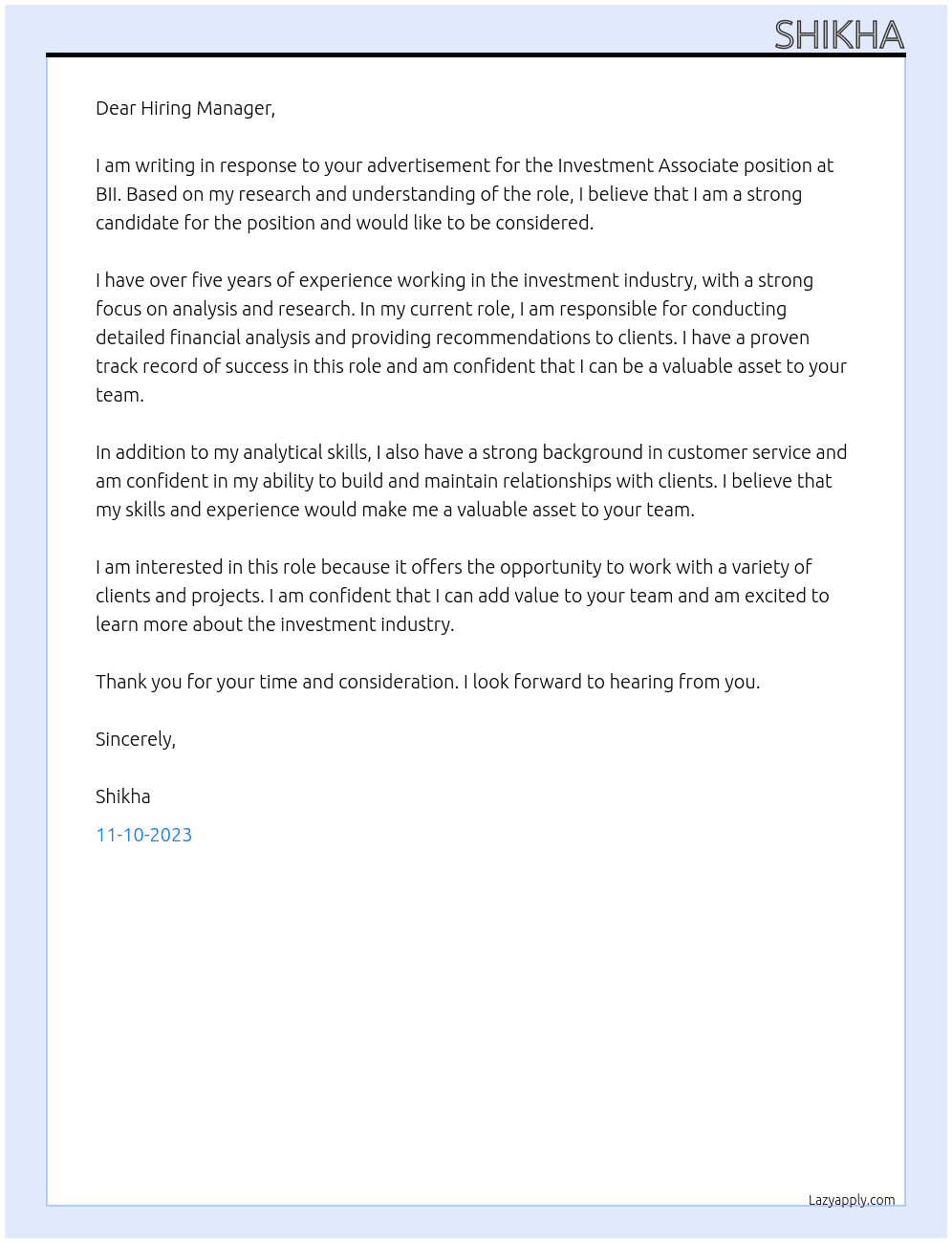 Investment Associate At BII Cover Letter