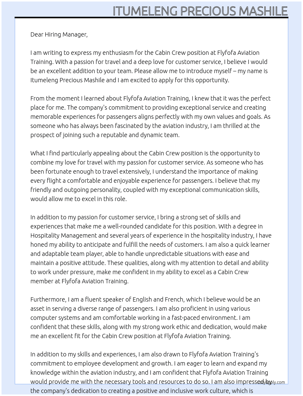 Cabin crew  At Flyfofa Aviation Training  Cover Letter