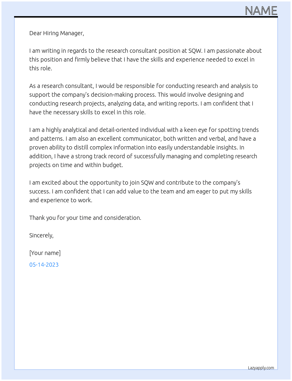 research consultant At SQW Cover Letter