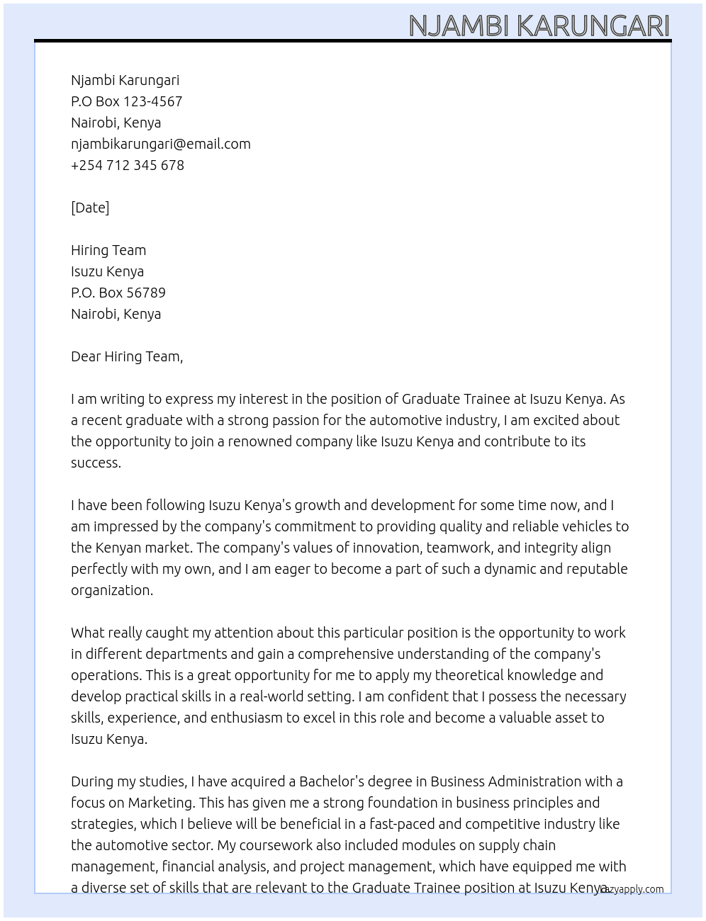 graduate trainee At isuzu kenya Cover Letter