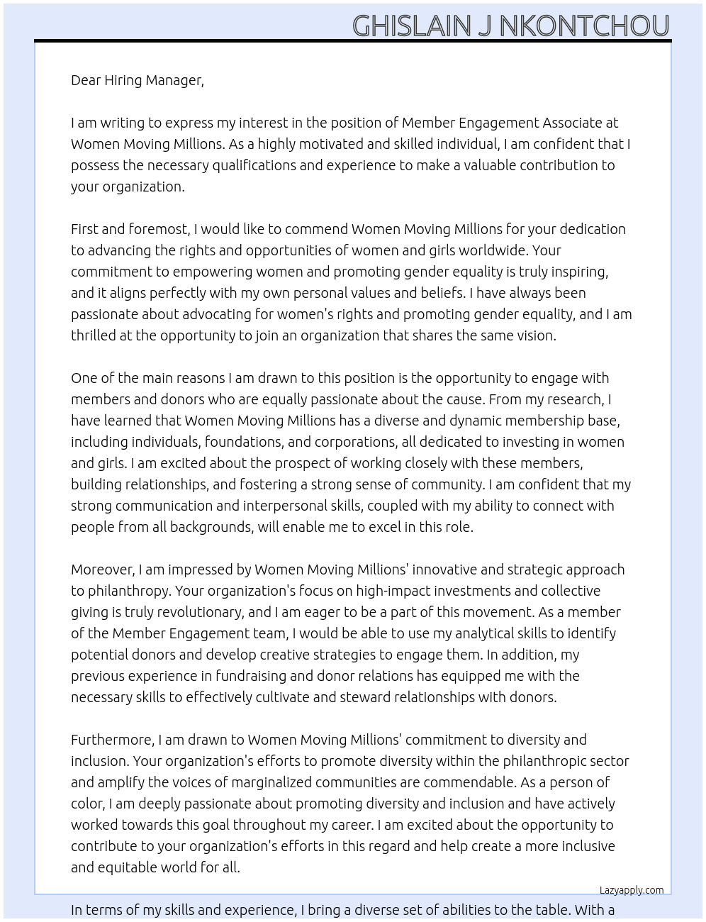 Member Engagement Associate  At Women Moving Millions  Cover Letter