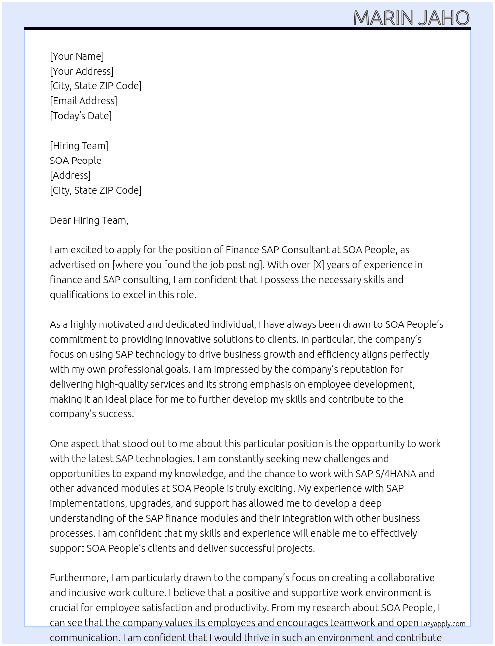 Finance SAP Consultant At SOA People Cover Letter