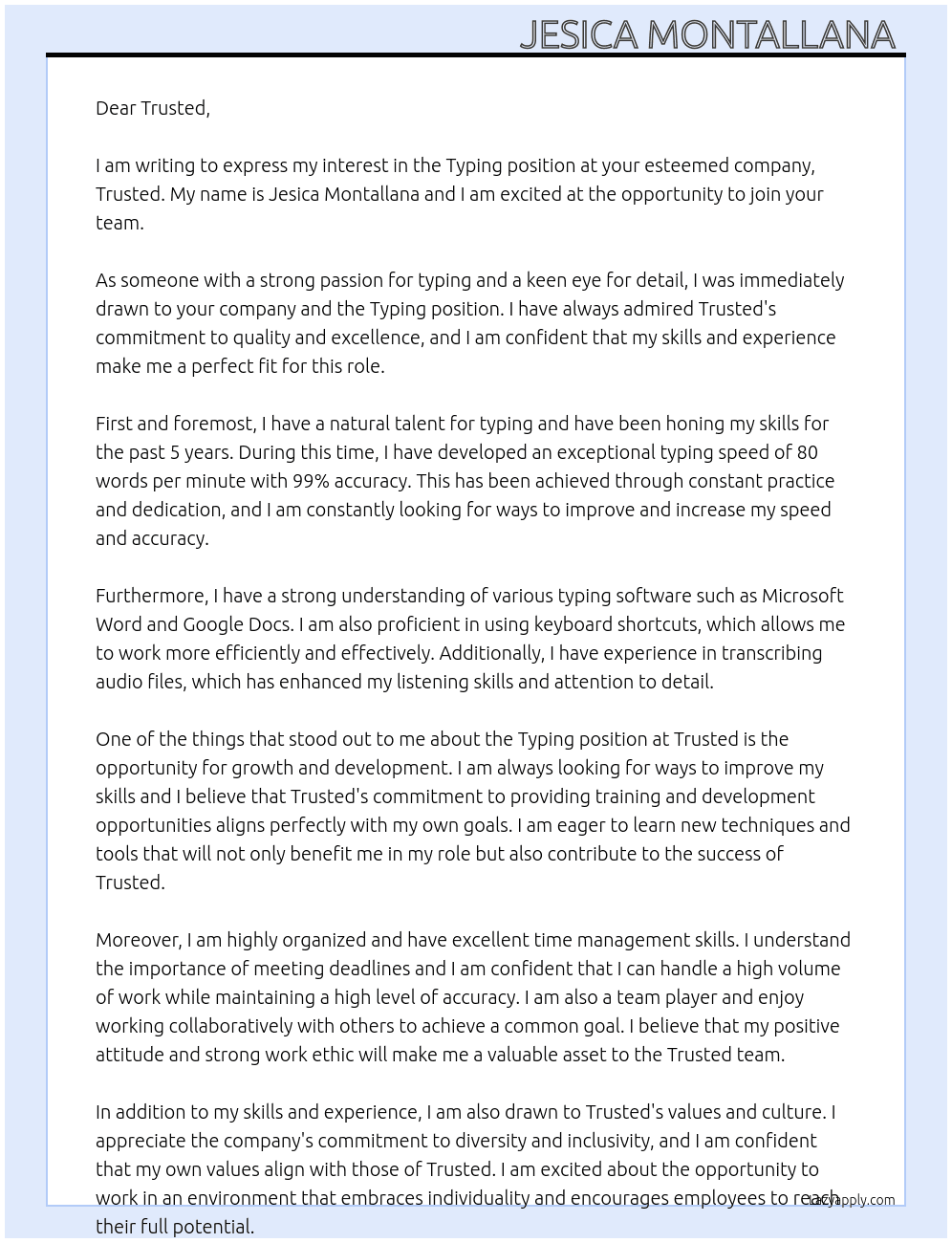 Typing  At Trusted  Cover Letter