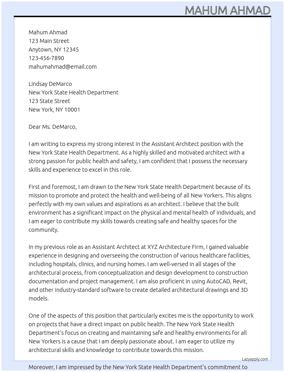 Assistant Architect  At New York State Health Department  Cover Letter