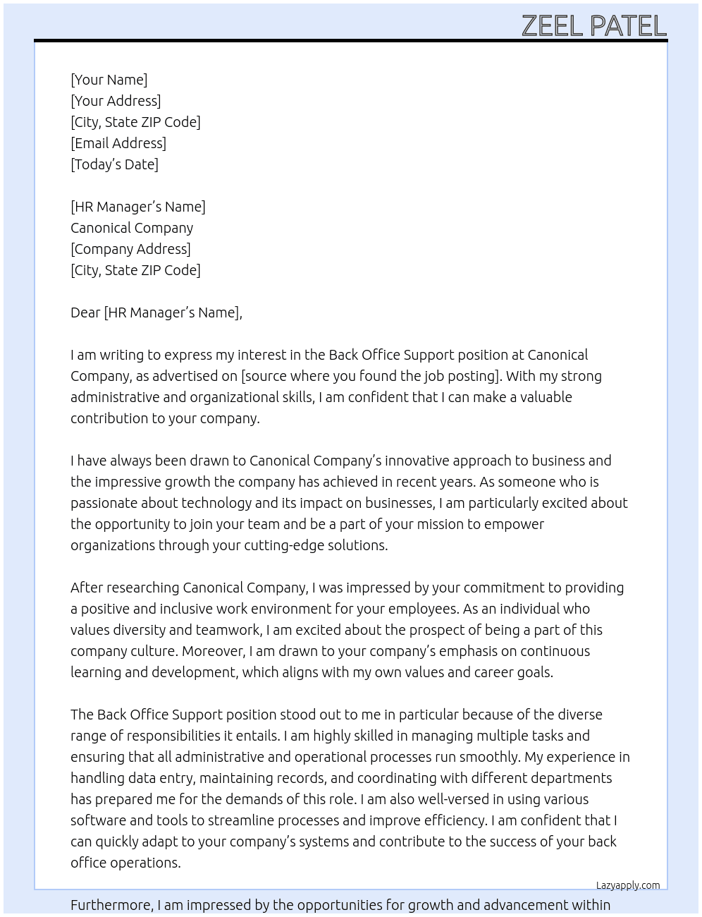 Back office support  At Canonical company  Cover Letter