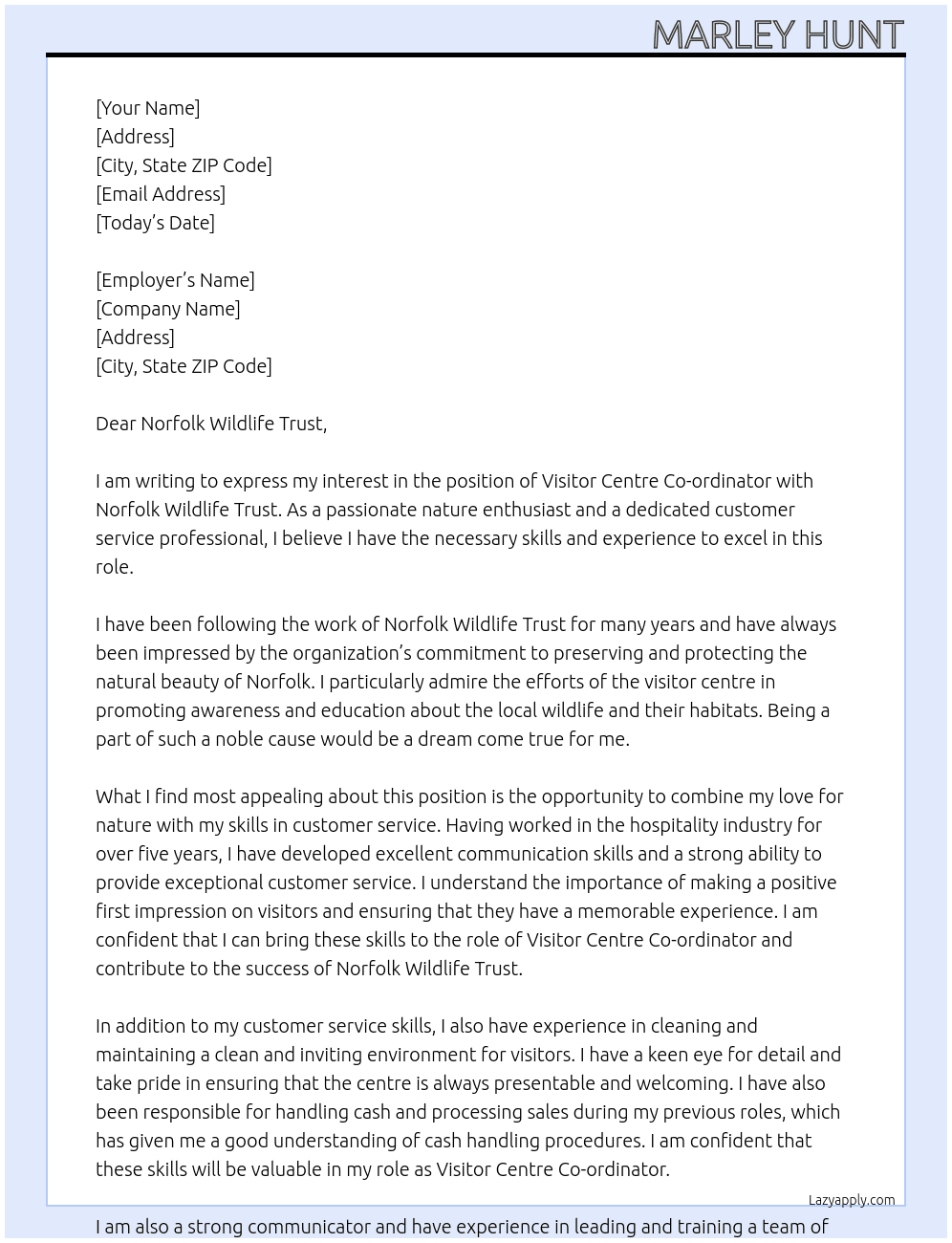 Visitor Centre Co-ordinator At Norfolk Wildlife Trust Cover Letter