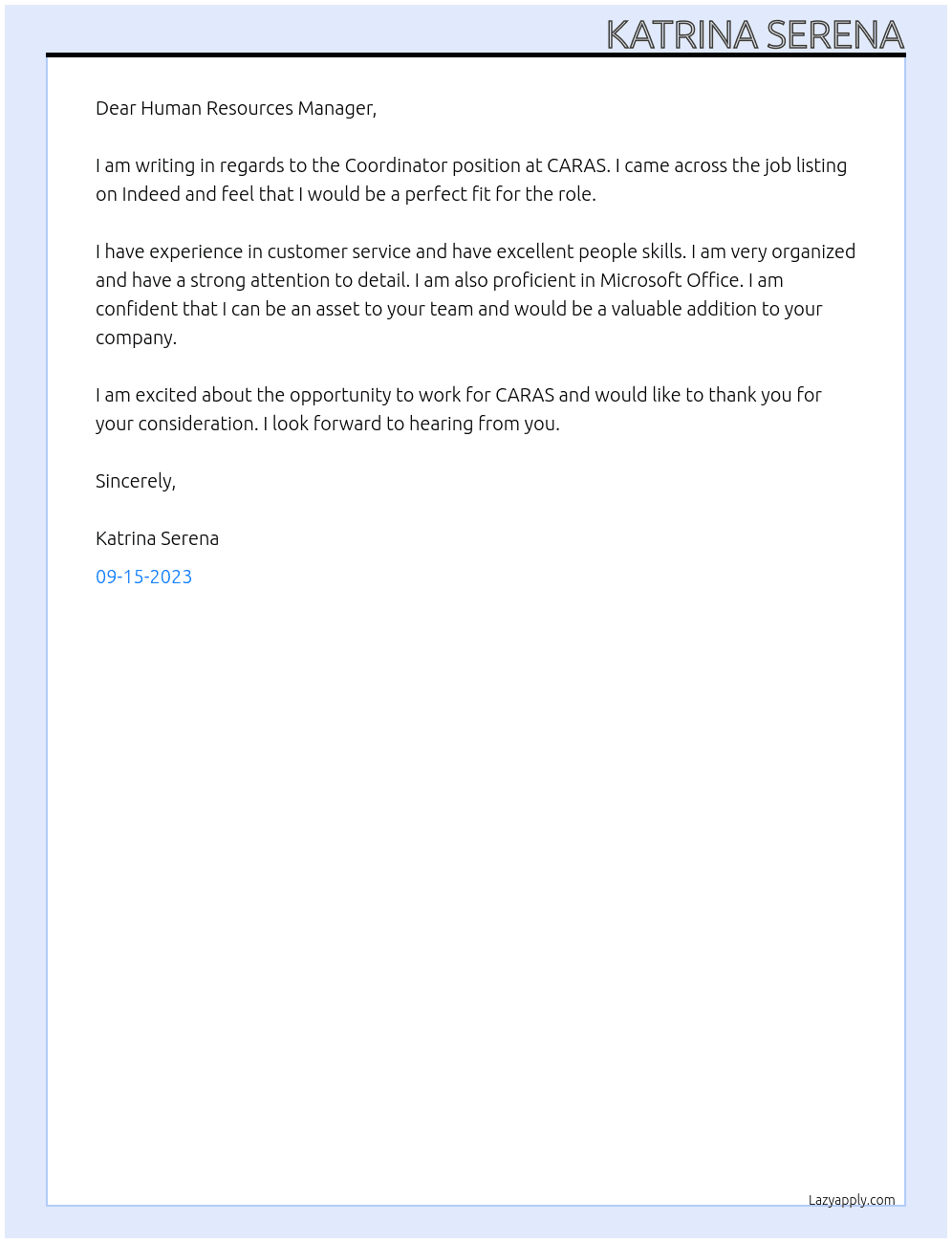 Coordinator At CARAS Cover Letter