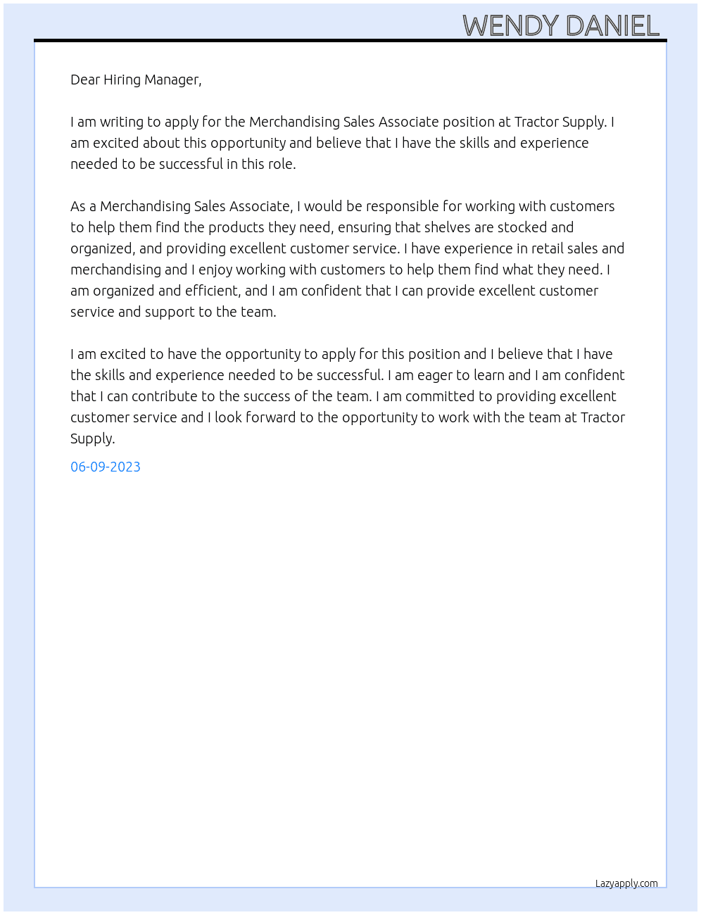 Merchandising Sales Associate At Tractor Supply  Cover Letter