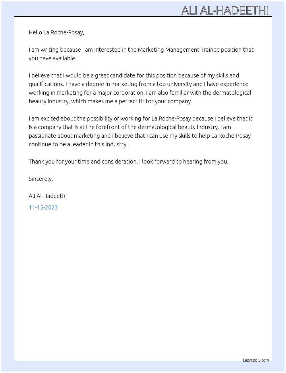 Marketing Management Trainee, La Roche-Posay, Dermatological Beauty At La Roche-Posay Cover Letter