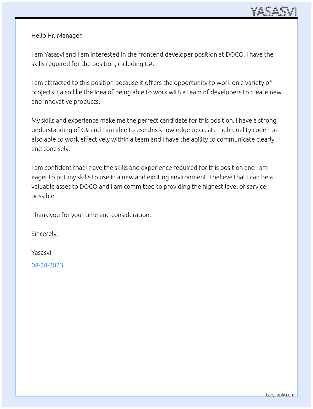 frontend developer At DOCO Cover Letter