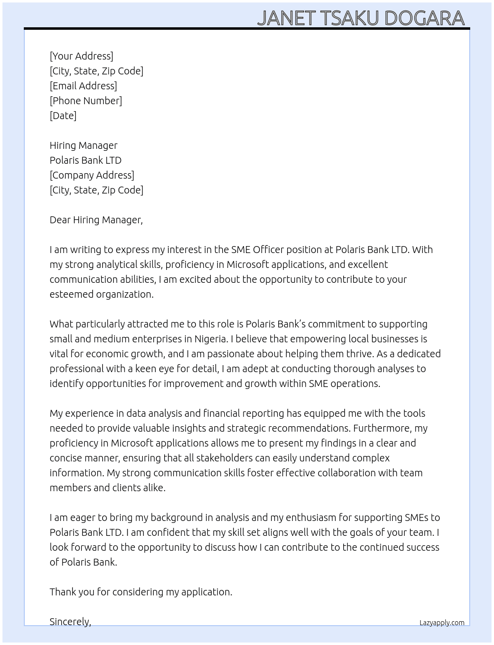 SME OFFICER  At Polaris Bank LTD  Cover Letter