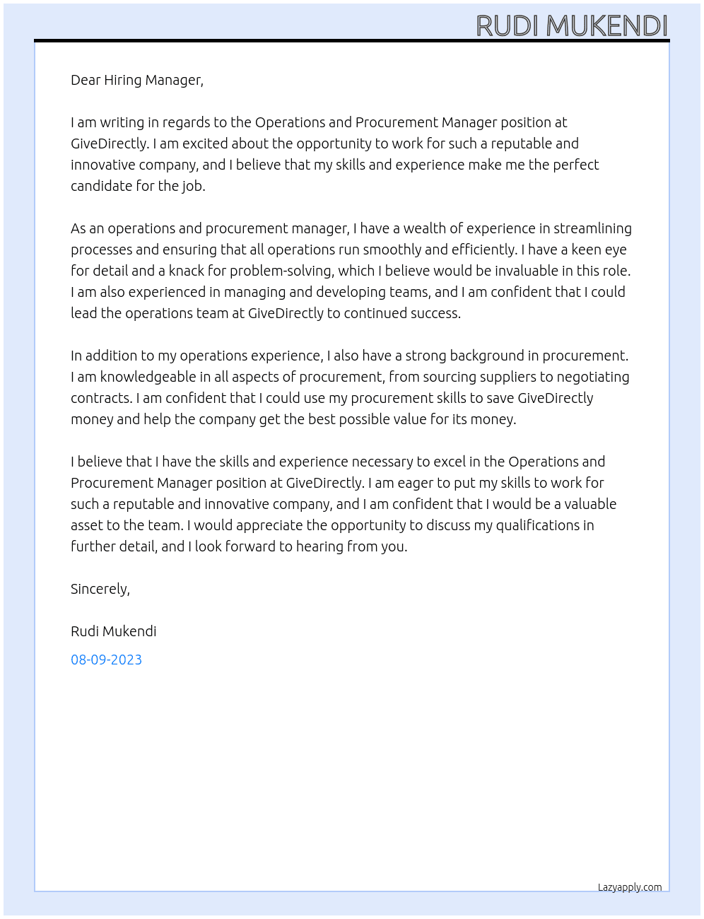 Operations and procurement manager At GiveDirectly Cover Letter