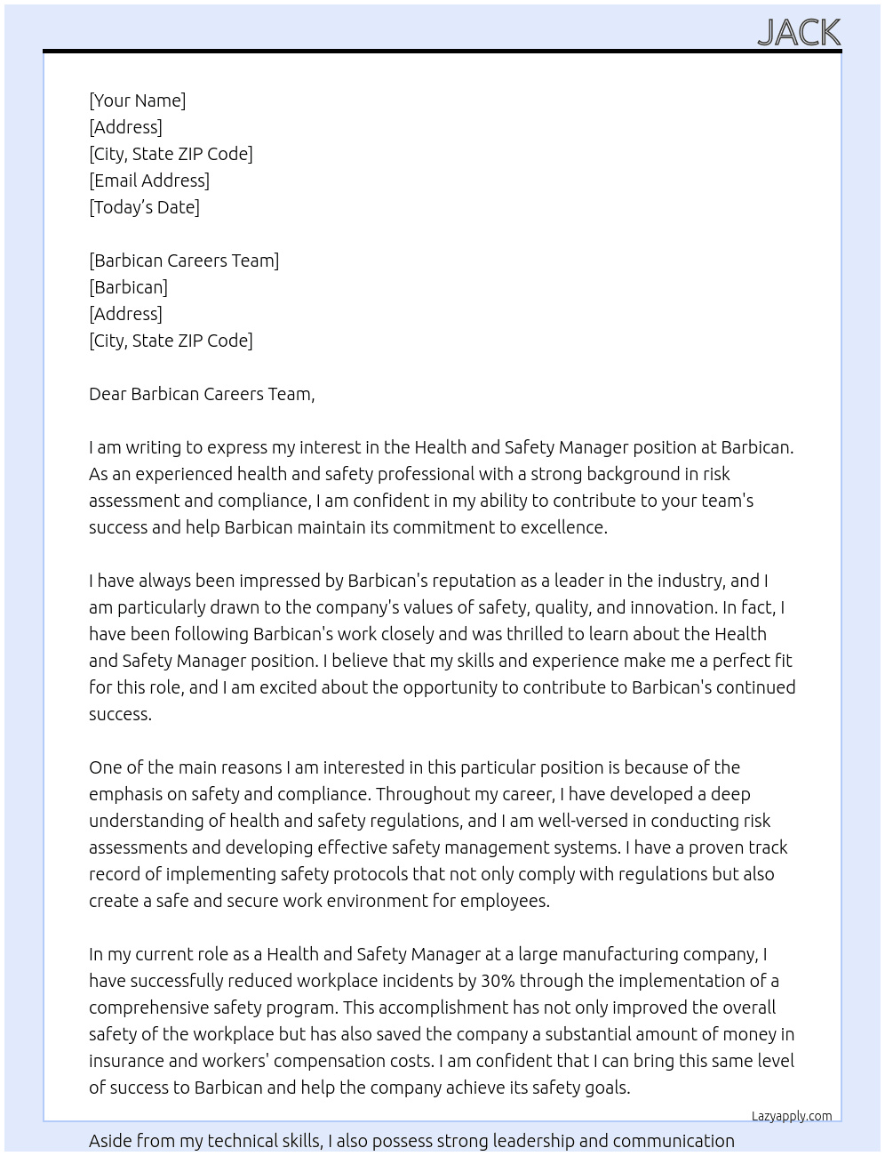 Health and Safety Manager At Barbican  Cover Letter