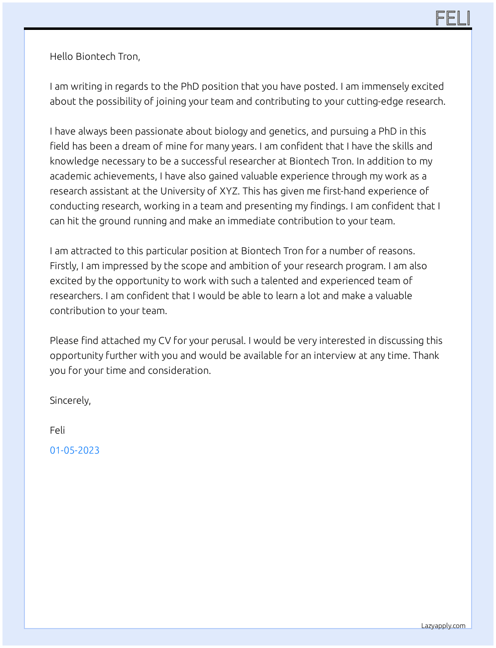 PhD position At BionTech Tron Cover Letter