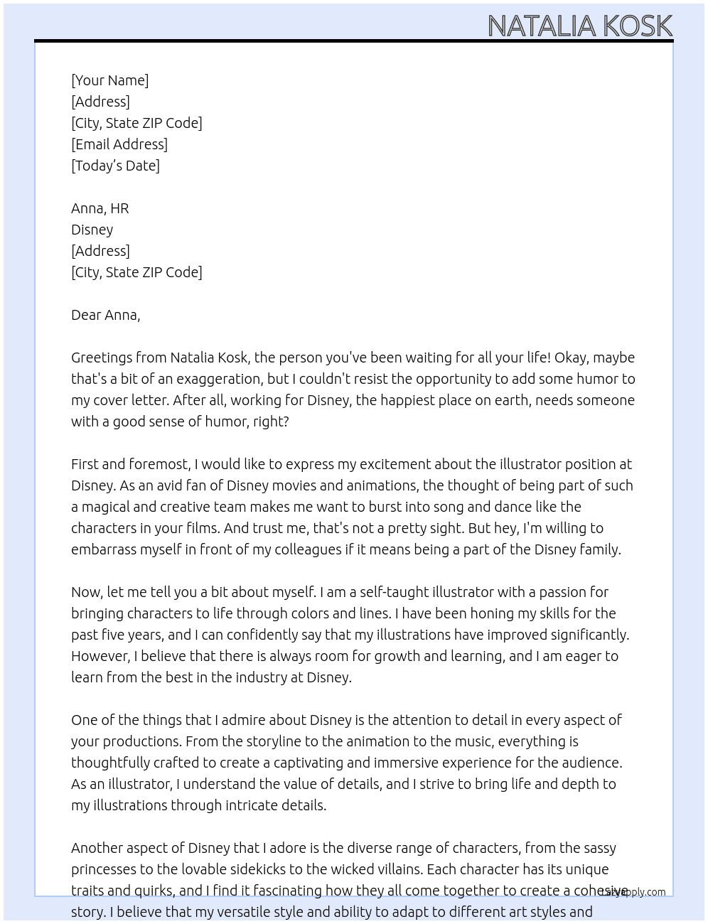 illustrator At Disney Cover Letter