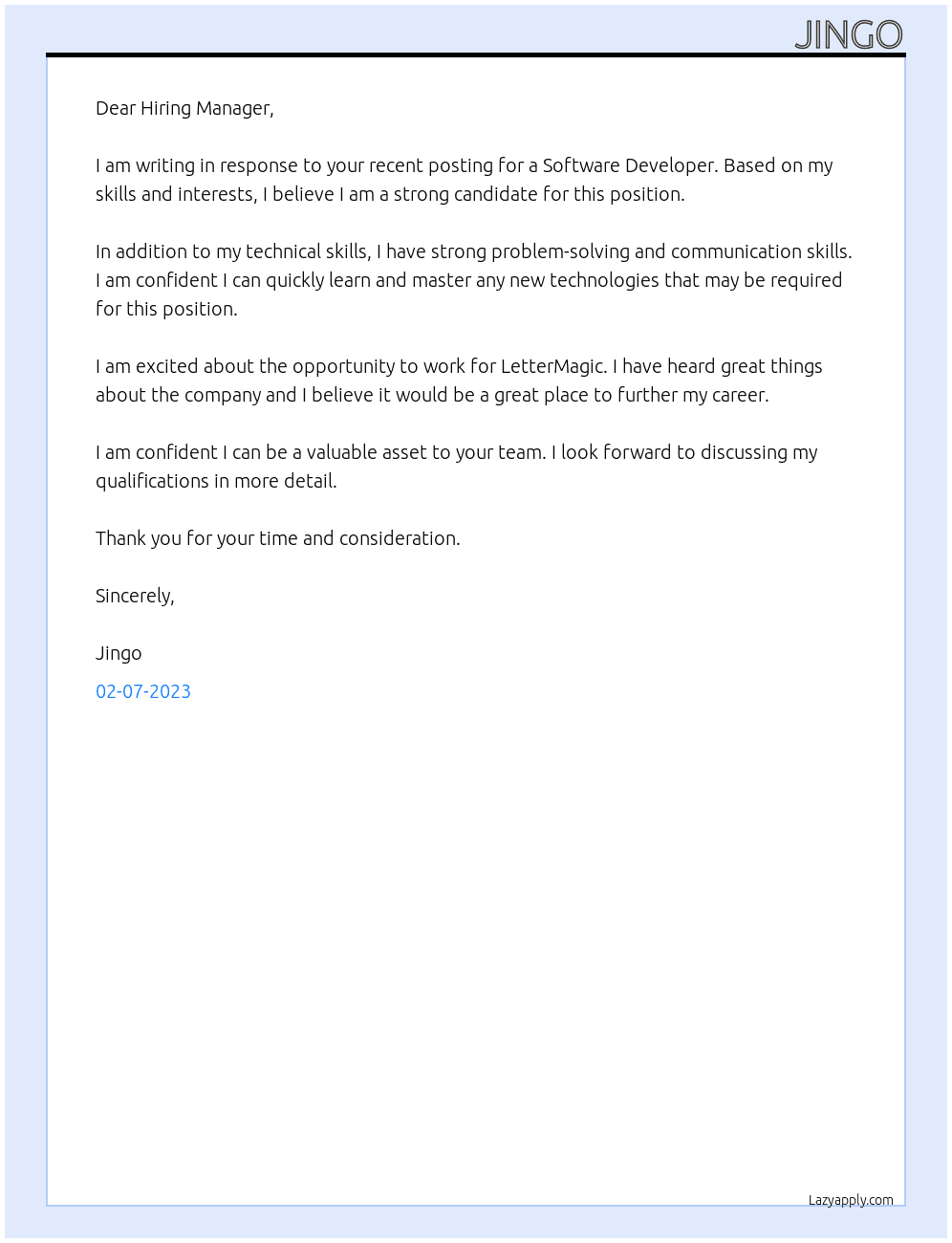 Software Developer At LetterMagic  Cover Letter