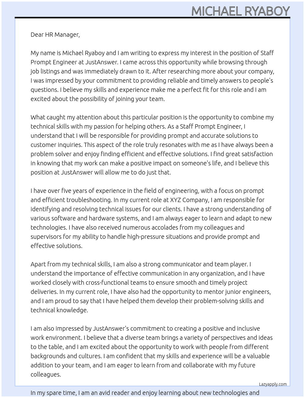 Staff Prompt Engineer At JustAnswer Cover Letter
