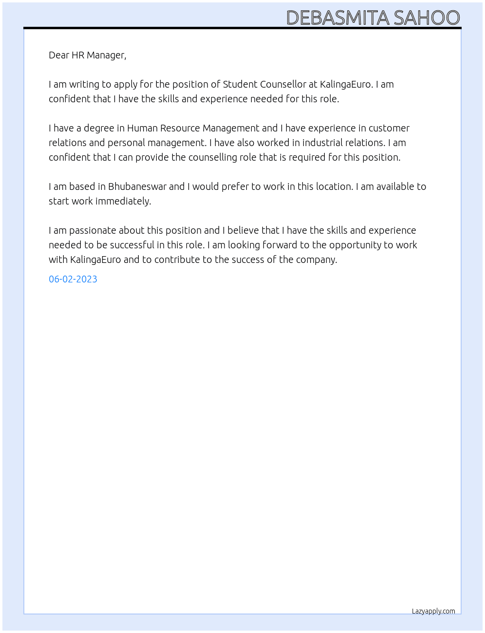 student counsellor At KALINGAEURO Cover Letter