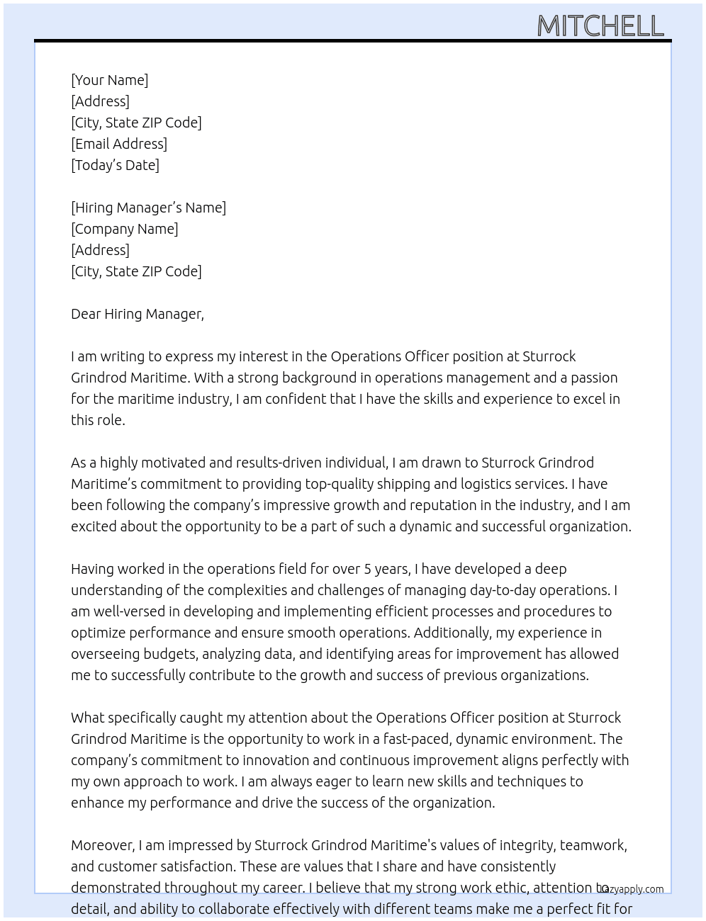 Operations Officer  At Sturrock Grindrod Maritime  Cover Letter