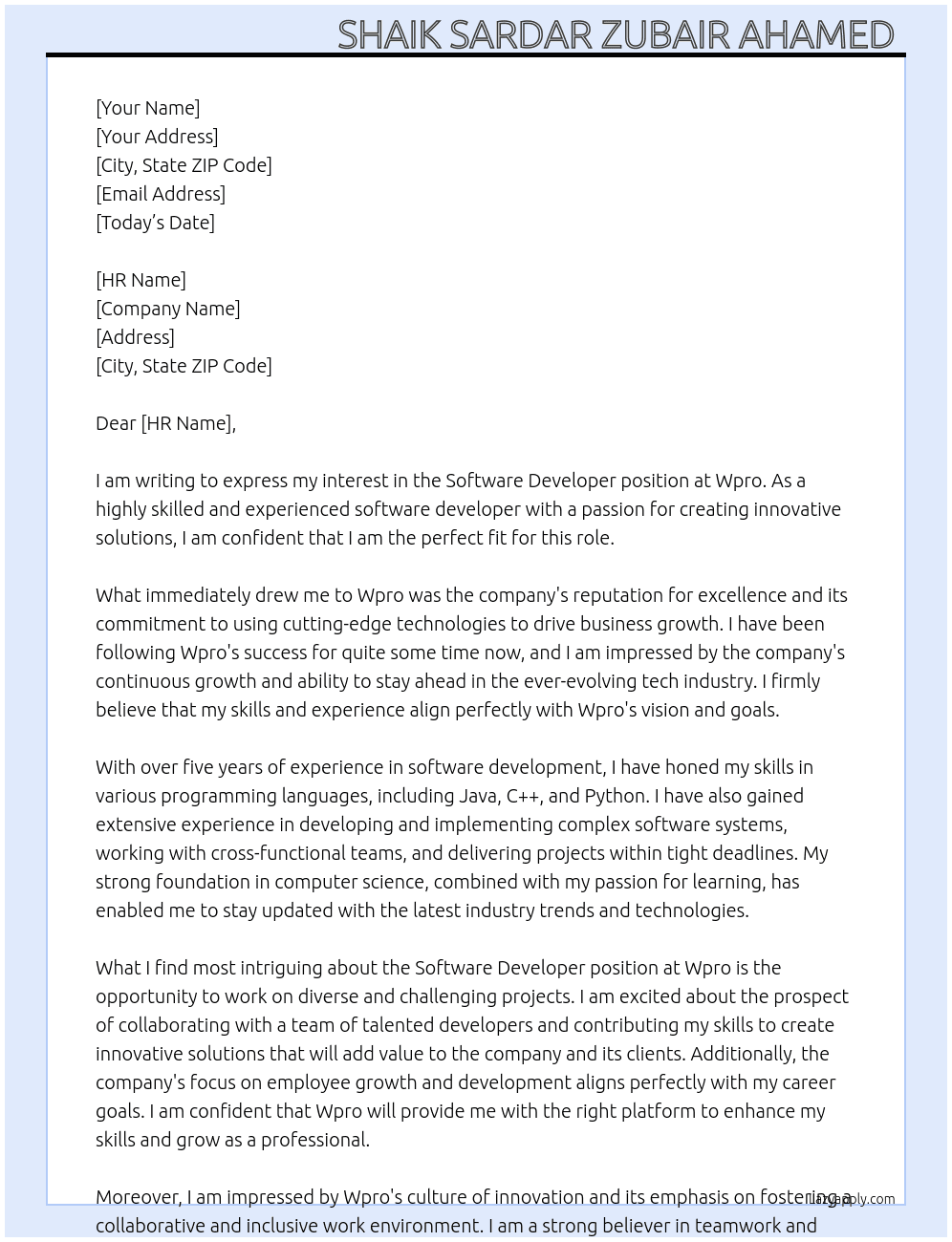 software developer At wpro Cover Letter