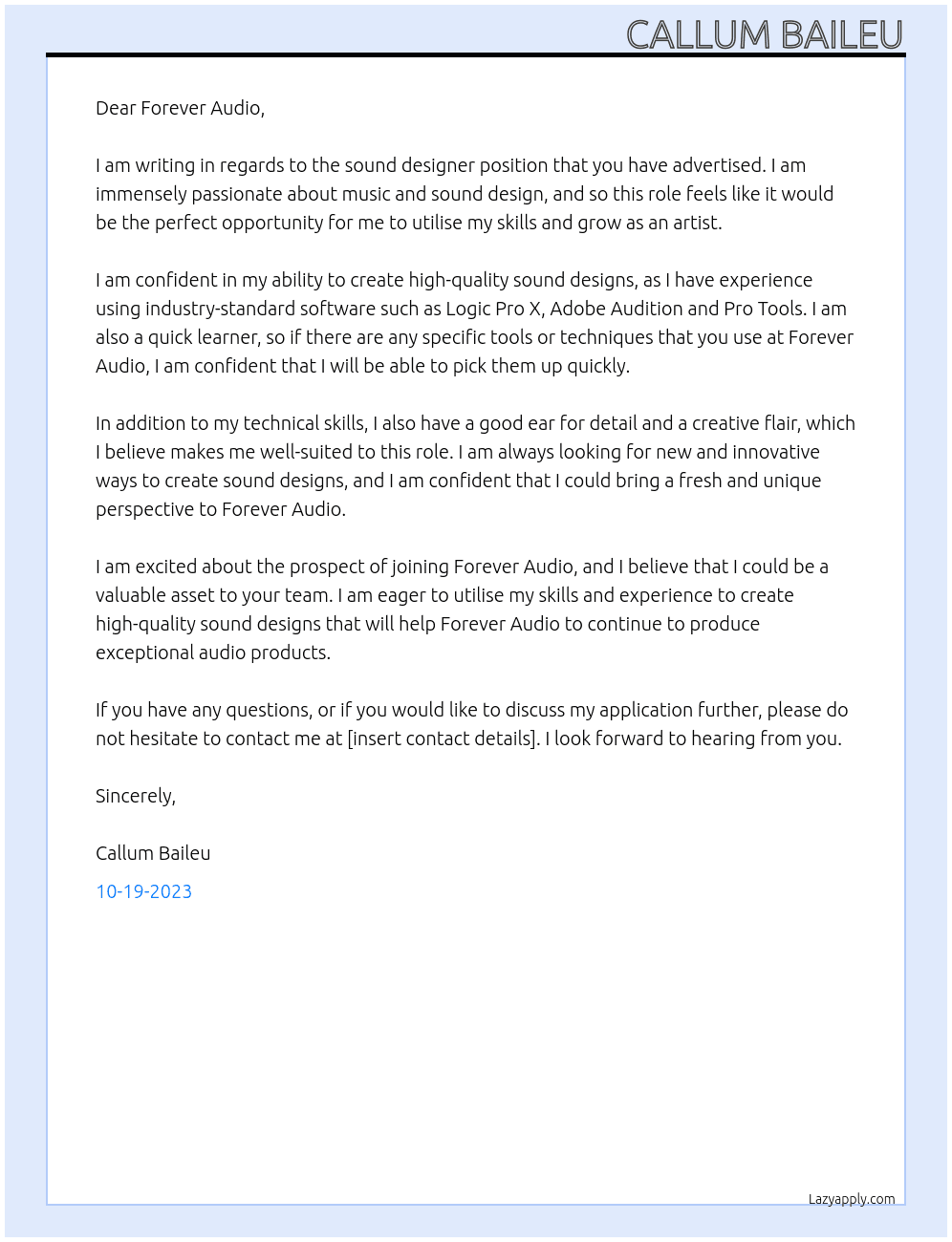 Sound designer At Forever Audio Cover Letter
