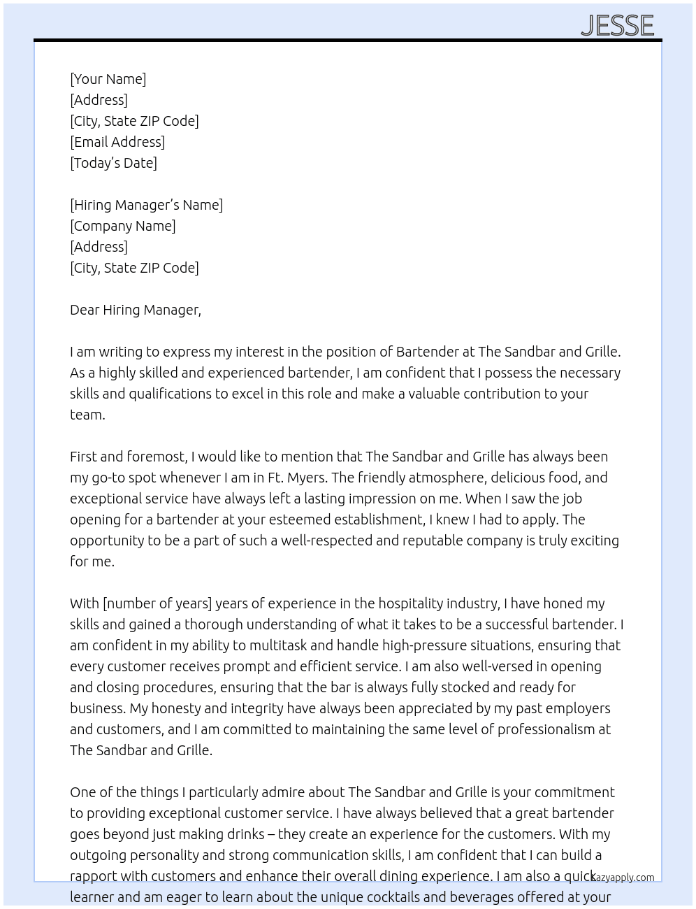 Bartender  At The sandbar and grille Cover Letter