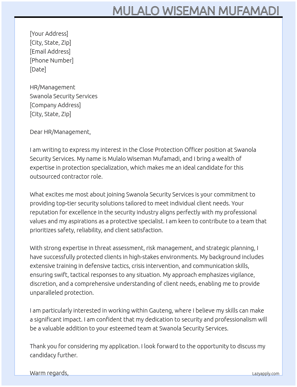Close Protection Officer  At Swanola Security Services  Cover Letter