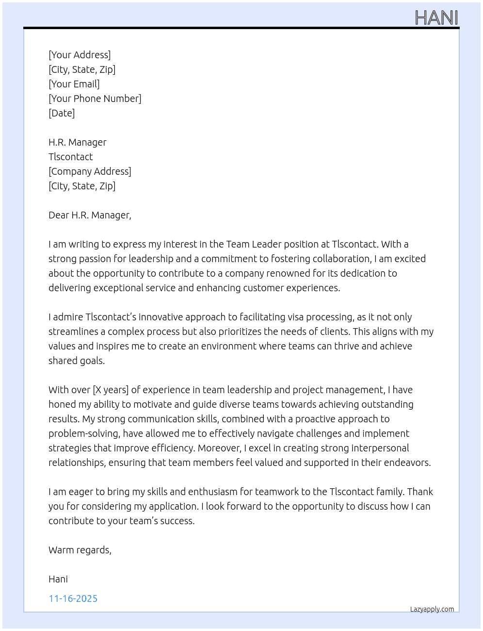 Team leader At Tlscontact Cover Letter