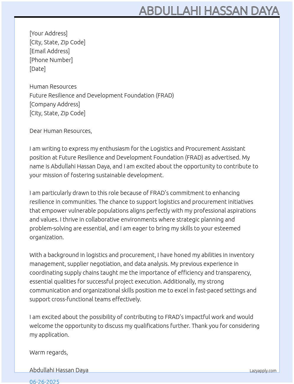 Cover letter for logistics and procurement assistant - LazyApply
