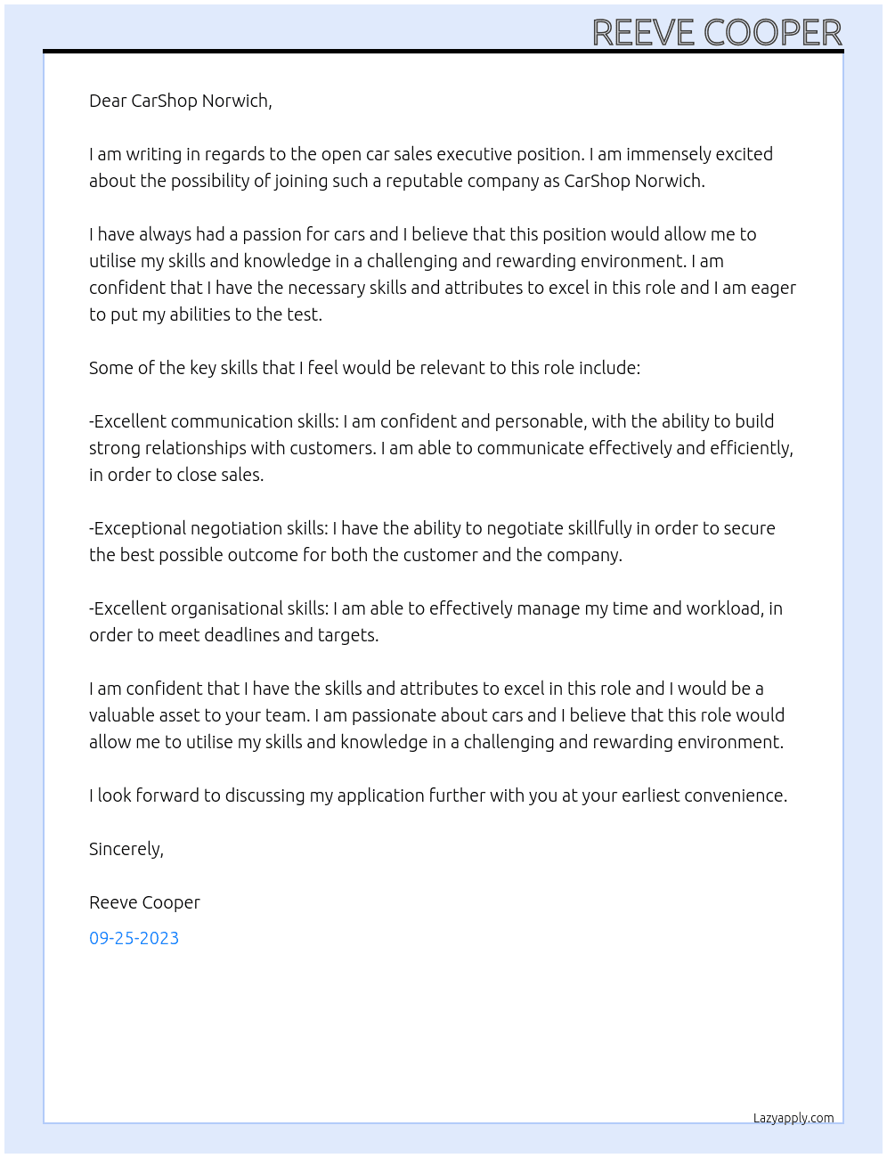 Car sales executive At CarShop Norwich Cover Letter