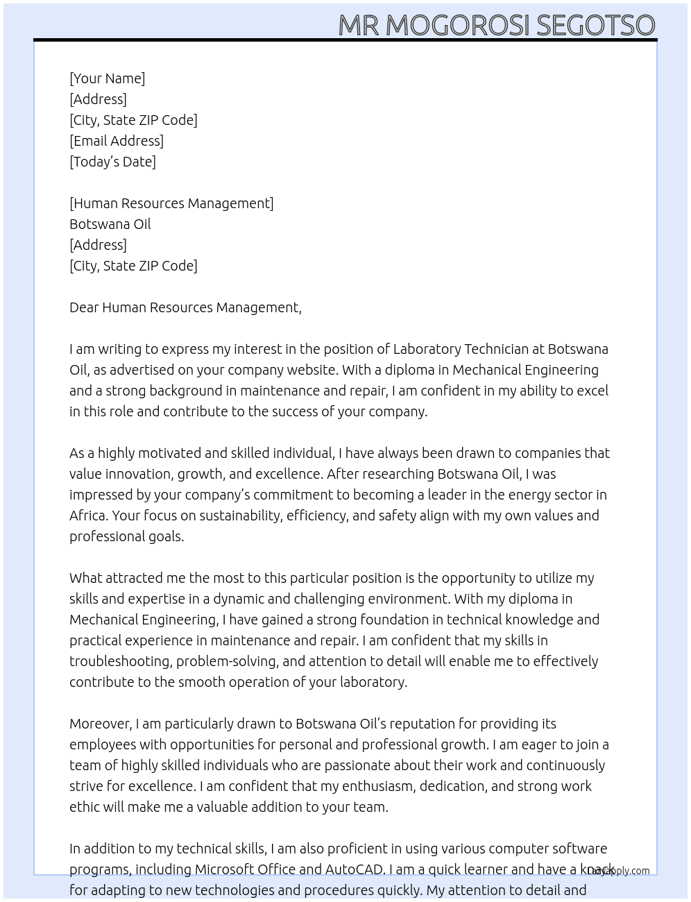 Laboratory Technician with diploma in Mechanical engineering  At Botswana Oil  Cover Letter