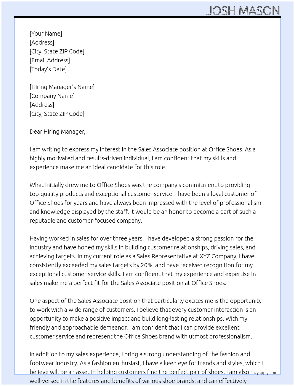 Sales Associate  At Office Shoes Cover Letter