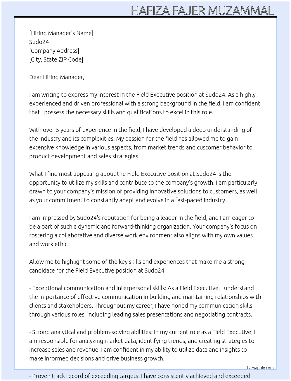 Field Executive At Sudo24 Cover Letter