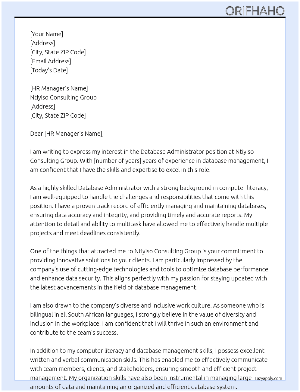 Database administrator  At Ntiyiso consulting group Cover Letter