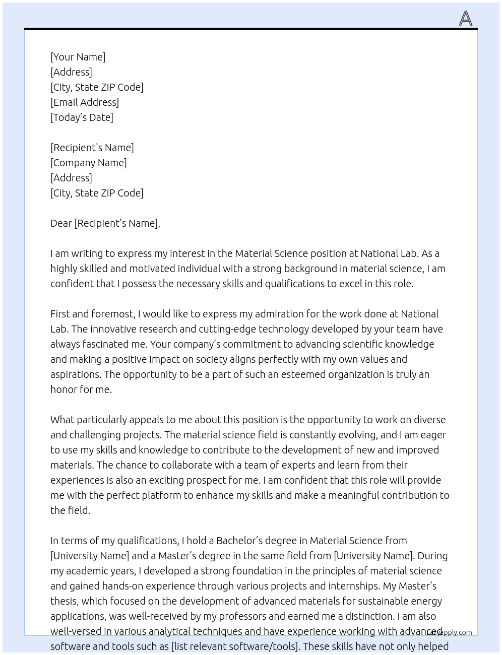 Material science  At National lab Cover Letter