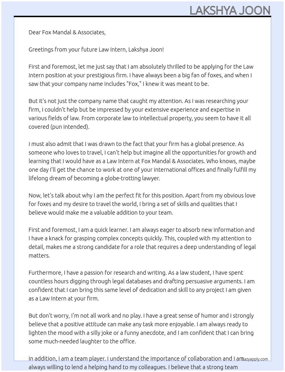 Law Intern At Fox Mandal & Associates Cover Letter