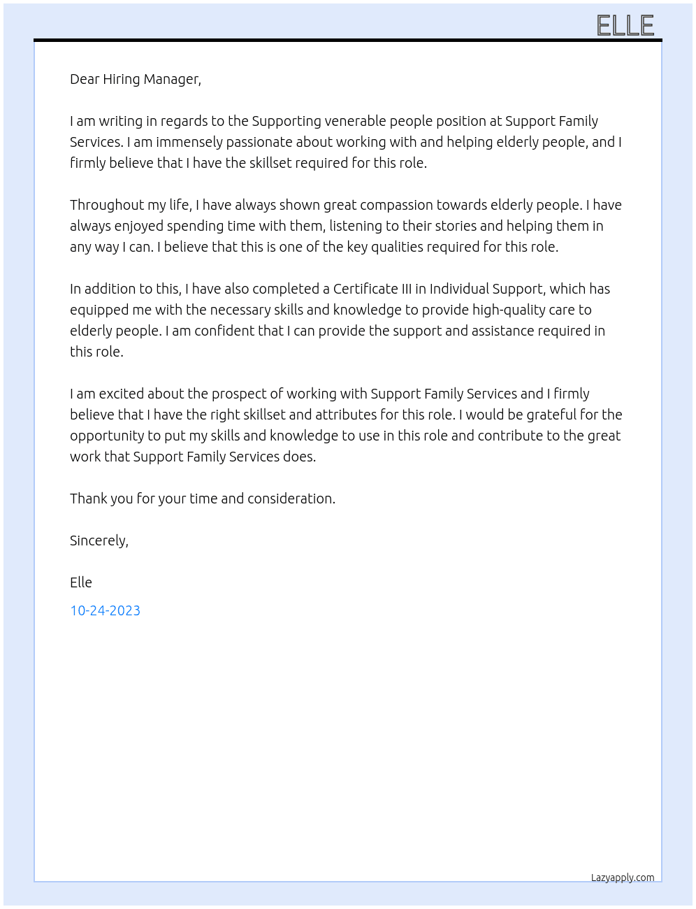Supporting venerable people  At Support Family Services  Cover Letter