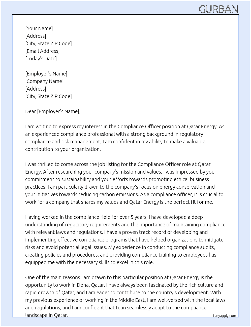 Compliance Officer At Qatar Energy Cover Letter