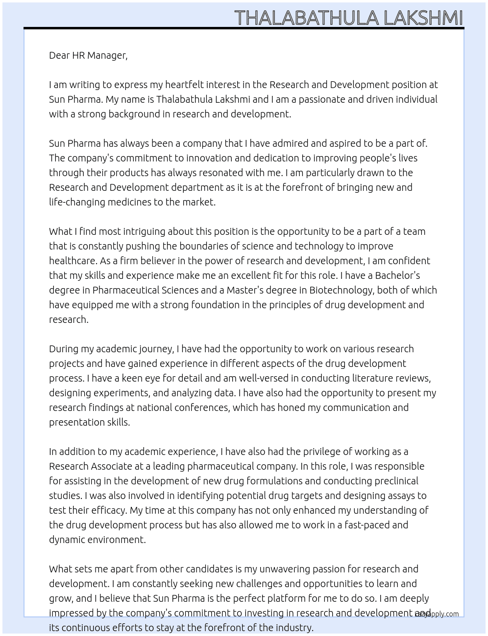 Research and development  At Sun pharma  Cover Letter