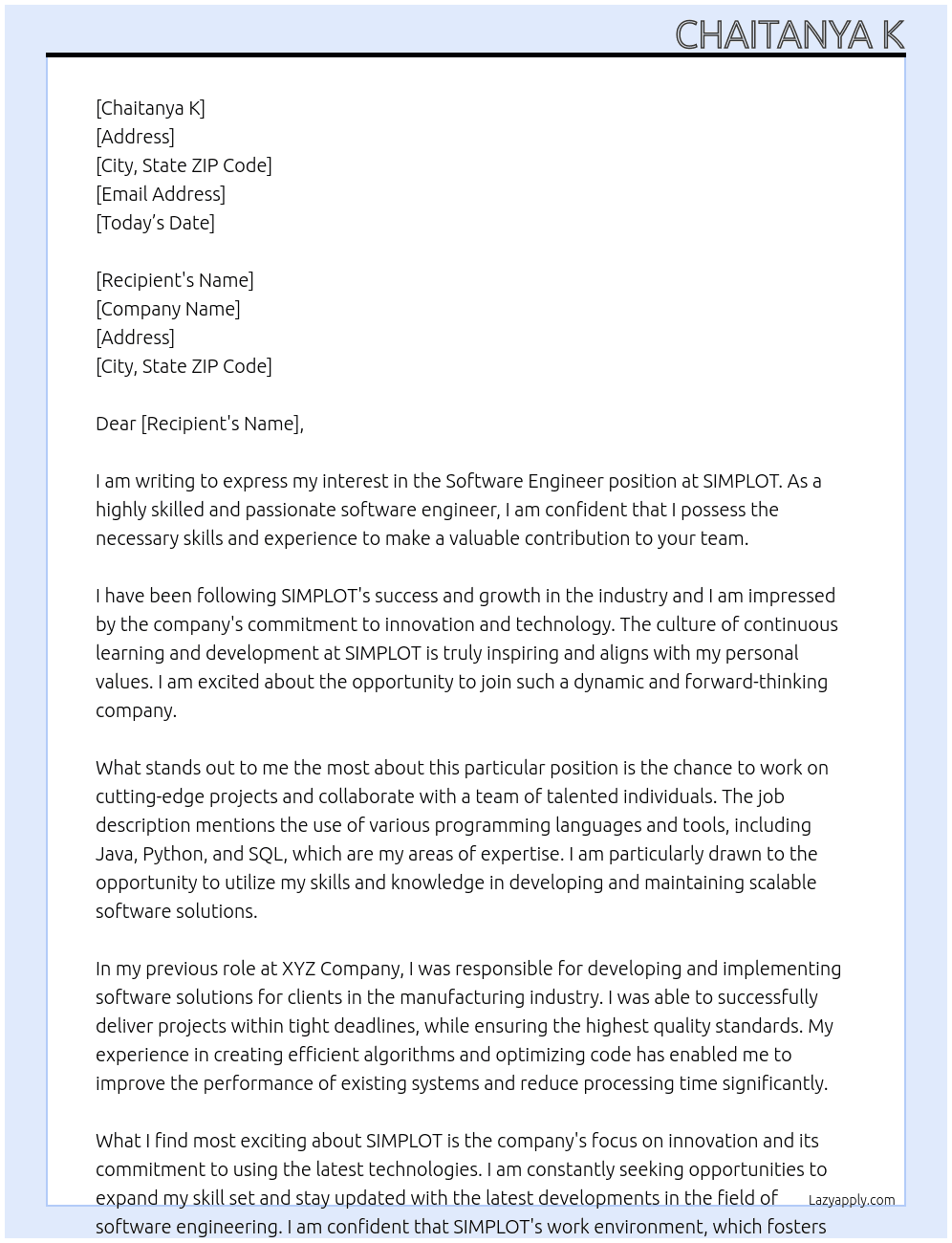 SOFTWARE ENGINEER At SIMPLOT Cover Letter