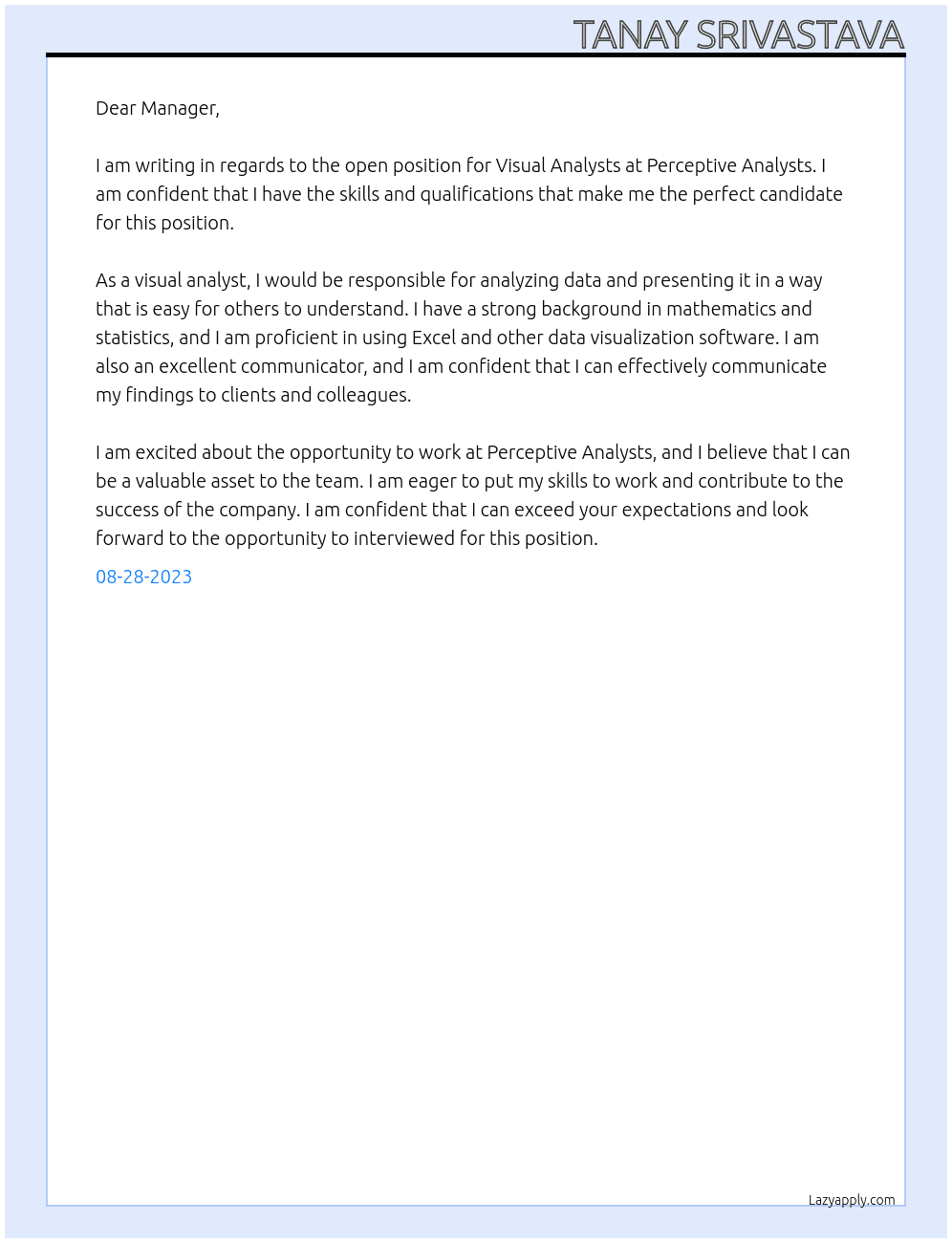 Visual Analysts At Perceptive Analysts Cover Letter