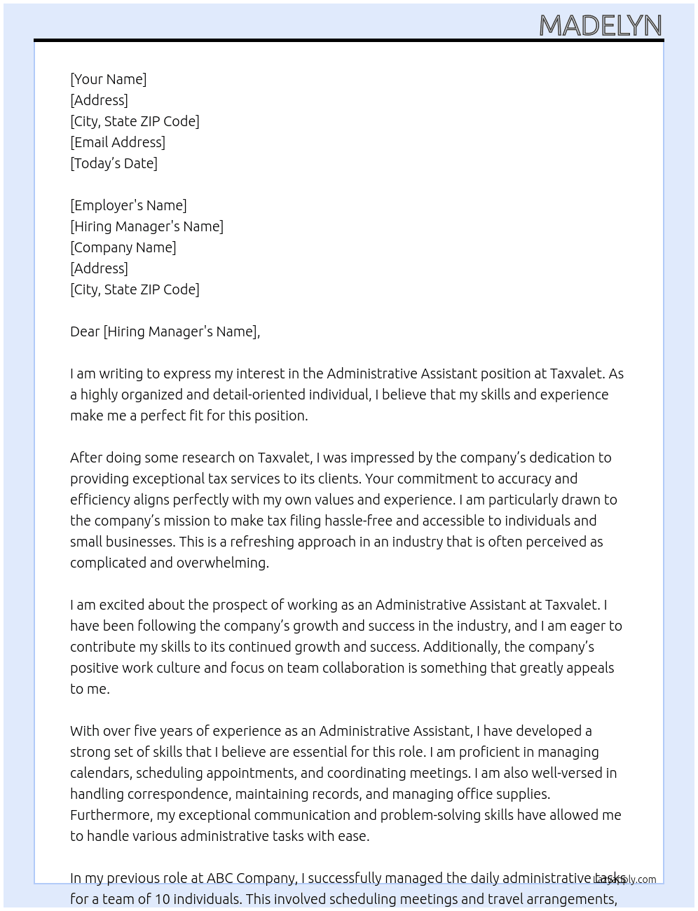 Administrative Assistant At Taxvalet Cover Letter