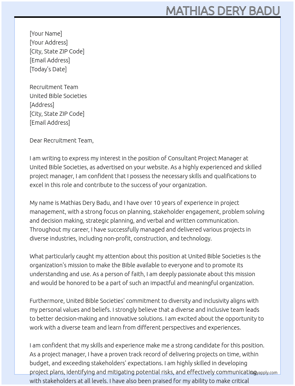 Consultant Project Manager At United Bible Societies Cover Letter