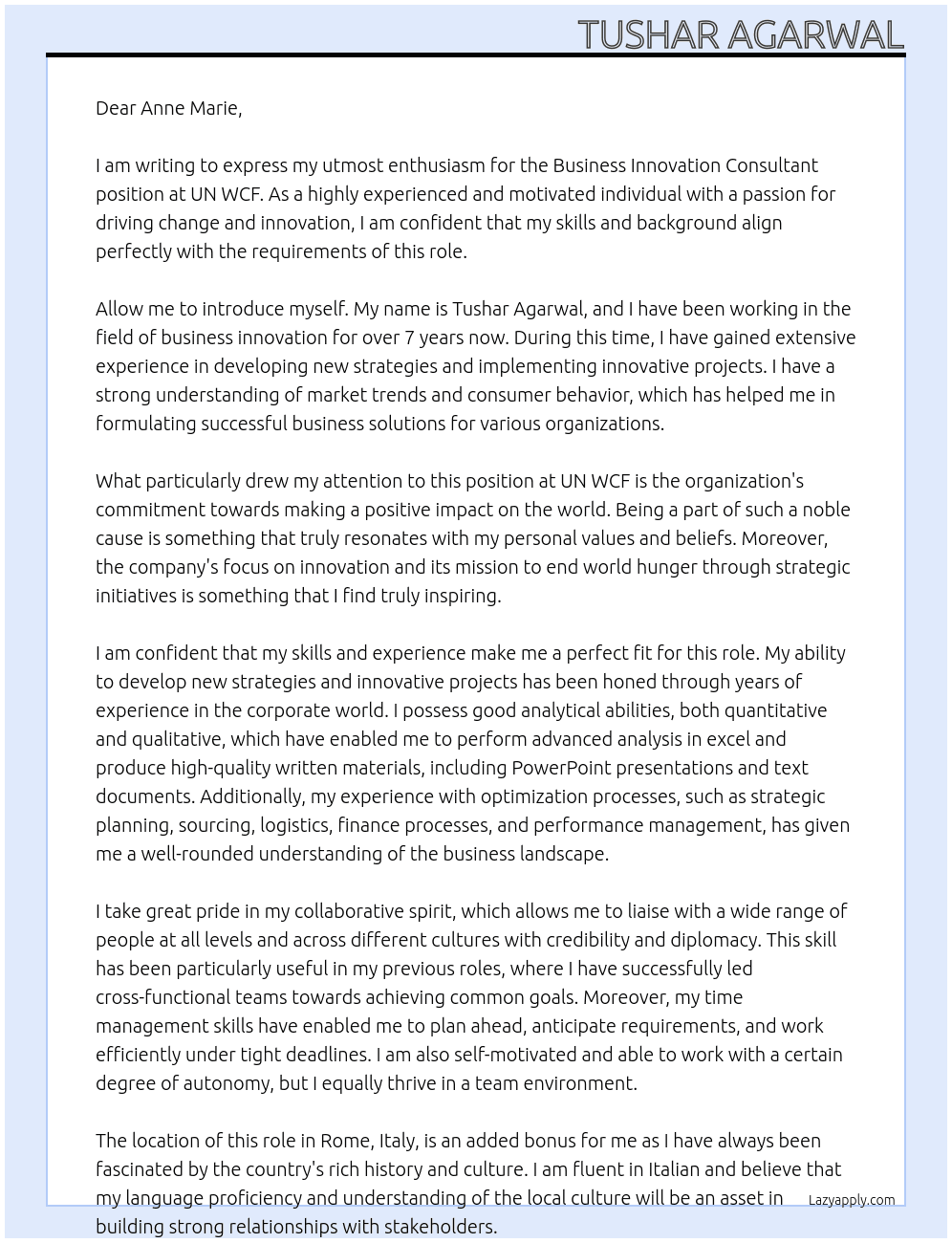 Business Innovation Consultant At UN WCF Cover Letter