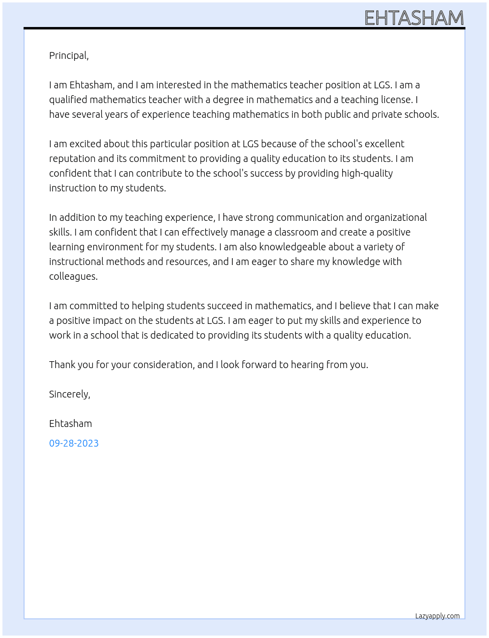 Mathematics Teacher At LGS Cover Letter