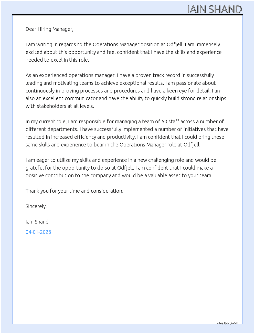 Operations Manager  At Odfjell Cover Letter