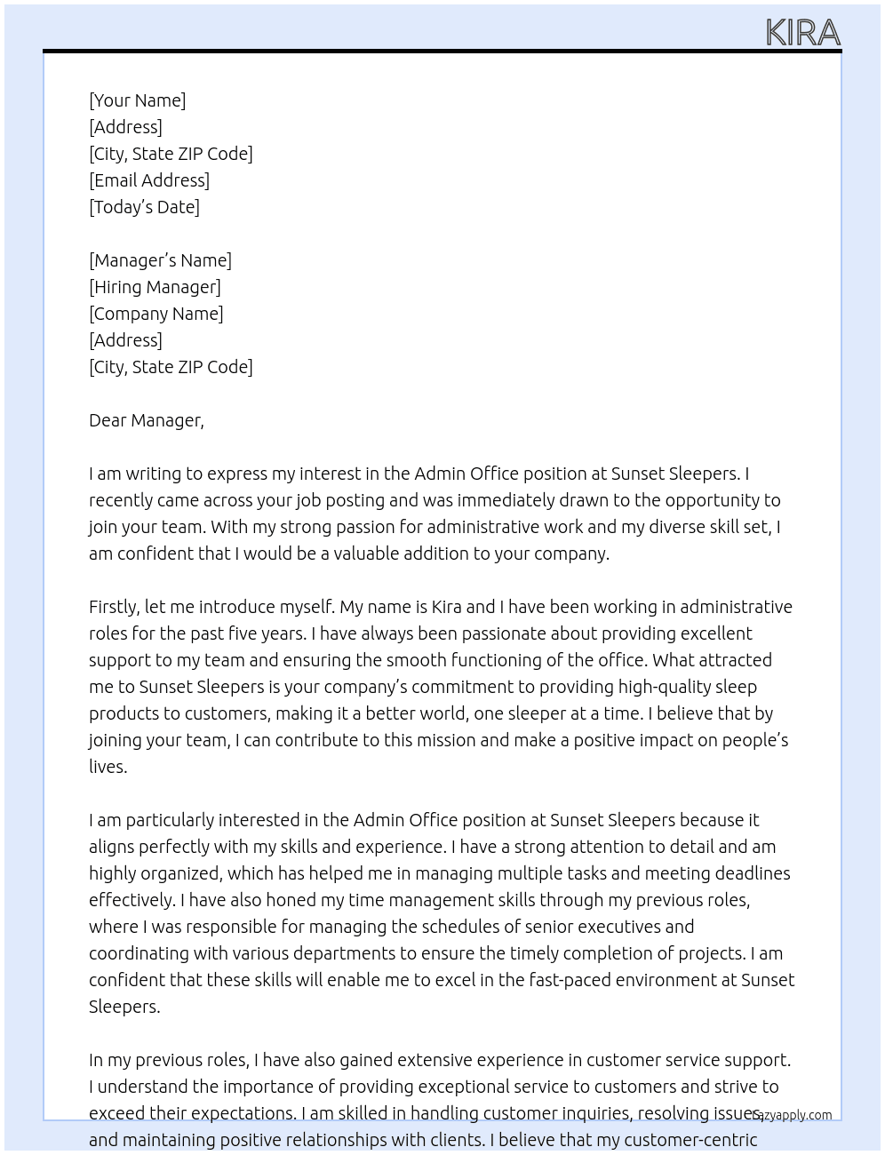 Admin office At Sunset sleepers Cover Letter