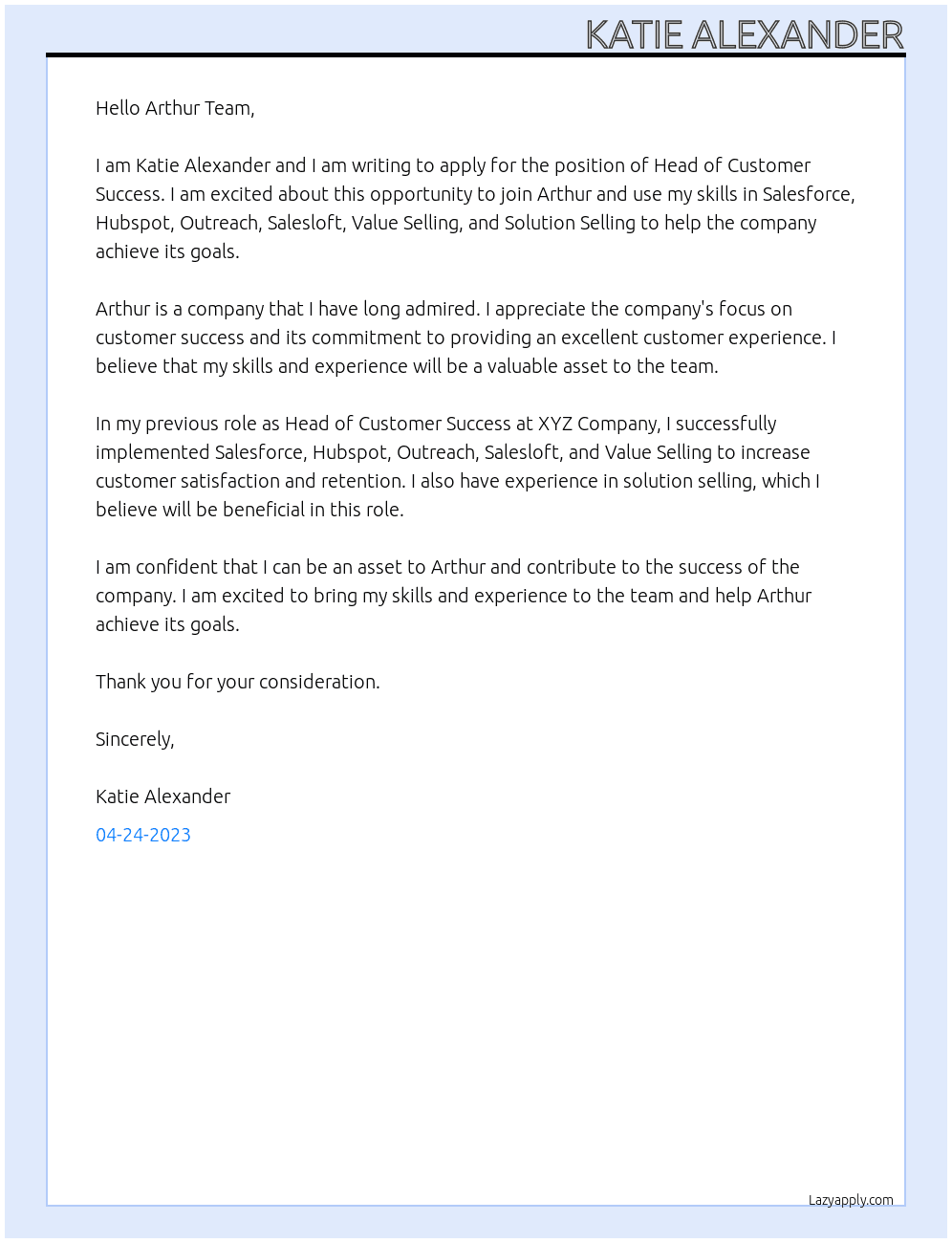 Head of Customer Success At Arthur Cover Letter