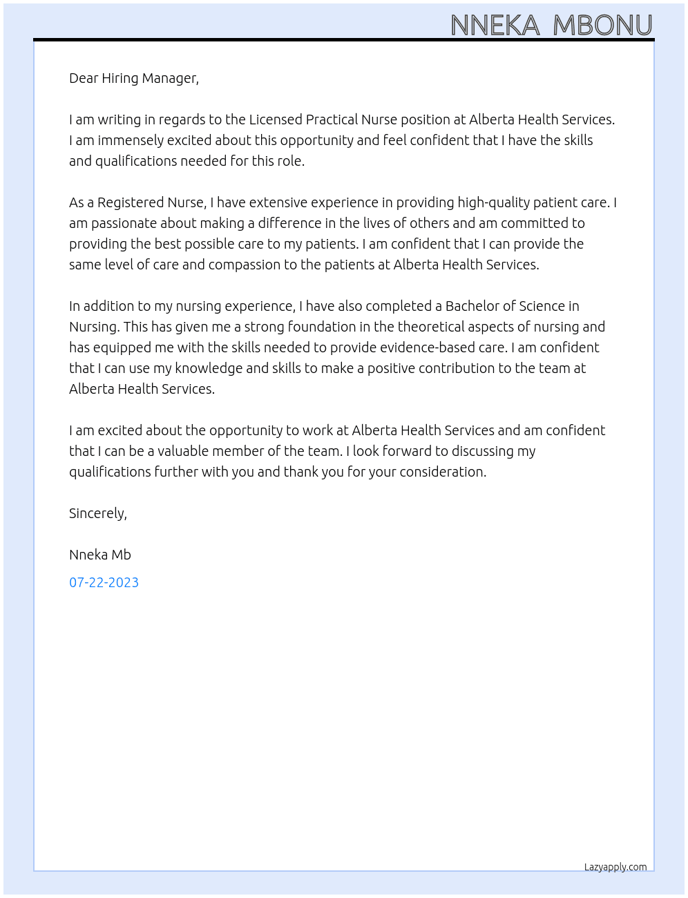 Licensed Practical Nurse At Alberta Health Services Cover Letter